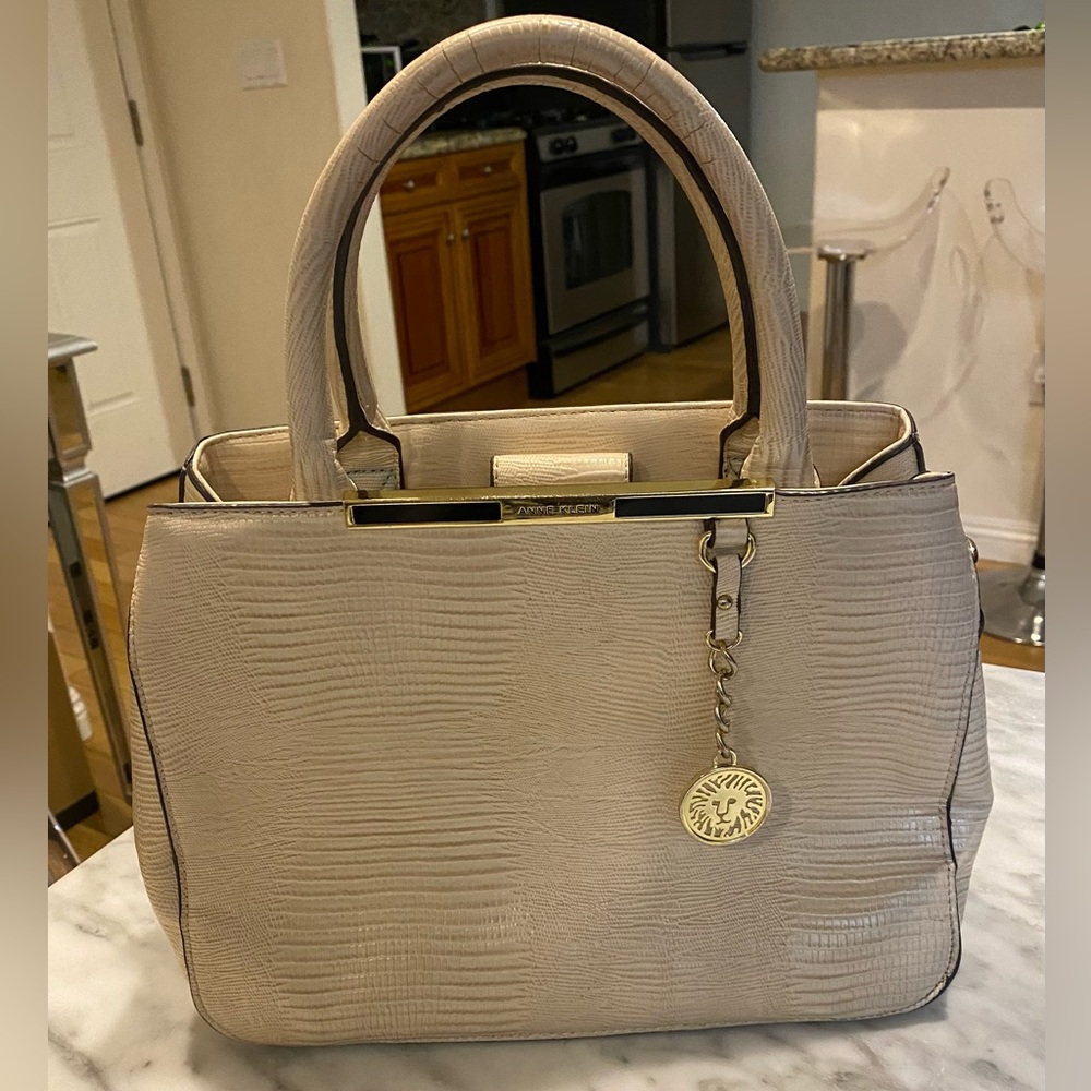 Beige Croc Faux Leather Satchel Handbag Designer Anne Klein Multi-Compartments